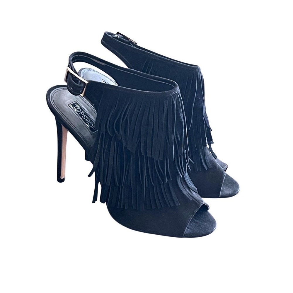 TOPSHOP Black Suede Fringe Stiletto‎ Heels Peep Toe Ankle Strap Shoes Size 8